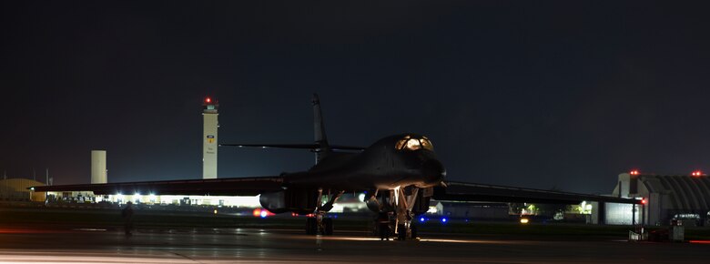 A U.S. Air Force B-1B Lancer assigned to the 9th Expeditionary Bomb Squadron, deployed from Dyess Air Force Base, Texas, prepares for take off from Andersen Air Force Base, Guam to conduct a sequenced bilateral mission with South Korean F-15 and Koku Jieitai (Japan Air Self-Defense Force) F-2 fighter jets, July 7. The mission is in response to a series of increasingly escalatory action by North Korea, including a launch of an intercontinental ballistic missile (ICBM) on July 3. (U.S. Air Force Photo by Tech. Sgt. Richard P. Ebensberger)