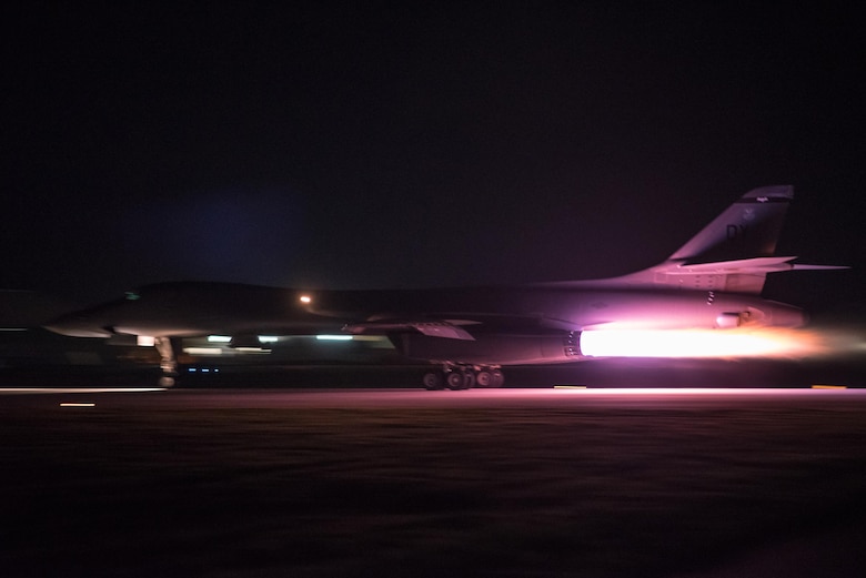 A U.S. Air Force B-1B Lancer assigned to the 9th Expeditionary Bomb Squadron, deployed from Dyess Air Force Base, Texas, takes off from Andersen Air Force Base, Guam to conduct a sequenced bilateral mission with South Korean F-15 and Koku Jieitai (Japan Air Self-Defense Force) F-2 fighter jets, July 7. The mission is in response to a series of increasingly escalatory action by North Korea, including a launch of an intercontinental ballistic missile (ICBM) on July 3. (U.S. Air Force Photo by Airman 1st Class Jacob Skovo)
