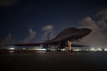 A U.S. Air Force B-1B Lancer assigned to the 9th Expeditionary Bomb Squadron, deployed from Dyess Air Force Base, Texas, sit at Andersen Air Force Base, Guam before it conducts a sequenced bilateral mission with South Korean F-15 and Koku Jieitai (Japan Air Self-Defense Force) F-2 fighter jets, July 7. The mission is in response to a series of increasingly escalatory action by North Korea, including a launch of an intercontinental ballistic missile (ICBM) on July 3. (U.S. Air Force Photo by Airman 1st Class Jacob Skovo)