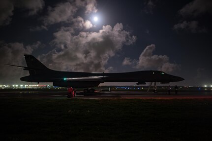A U.S. Air Force B-1B Lancer assigned to the 9th Expeditionary Bomb Squadron, deployed from Dyess Air Force Base, Texas, prepares for take off from Andersen Air Force Base, Guam to conduct a sequenced bilateral mission with South Korean F-15 and Koku Jieitai (Japan Air Self-Defense Force) F-2 fighter jets, July 7. The mission is in response to a series of increasingly escalatory action by North Korea, including a launch of an intercontinental ballistic missile (ICBM) on July 3. (U.S. Air Force Photo by Airman 1st Class Jacob Skovo)