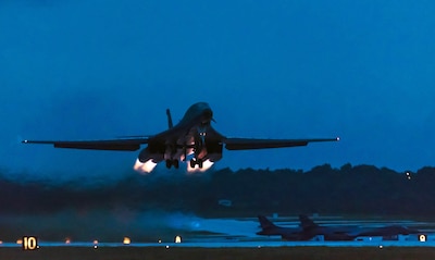 A U.S. Air Force B-1B Lancer assigned to the 9th Expeditionary Bomb Squadron deployed from Dyess Air Force Base, Texas, takes off from Andersen Air Force Base, Guam, to fly a bilateral mission with Japanese fighter jets over the East China Sea, July 6, 2017. The mission marked the first time U.S. Pacific Command B-1B Lancers have conducted combined training with Japanese fighters at night. Air Force photo by Airman 1st Class Jacob Skovo