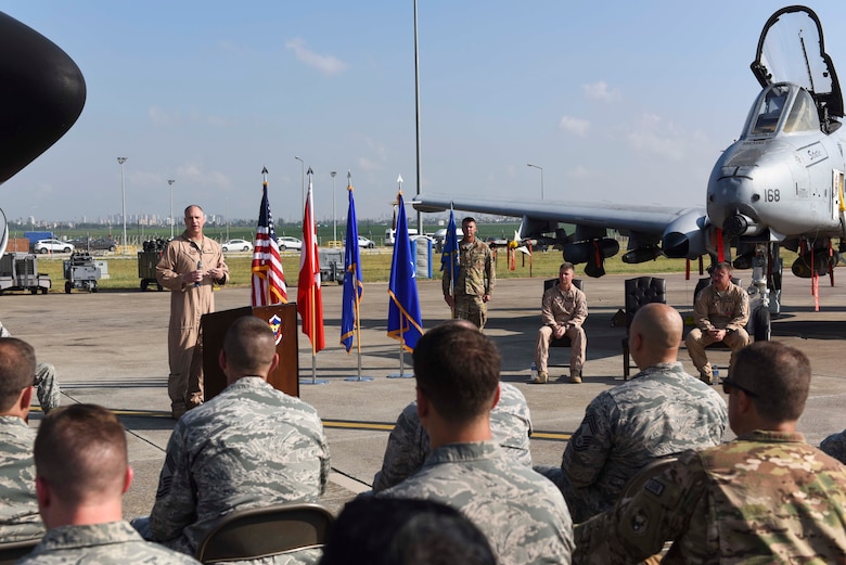 U.S. Air Force Col. Scott Hoffman, 447th Air Expeditionary Group incoming commander, speaks to a group of Airmen after assuming command July 7, 2017, at Incirlik Air Base, Turkey. A change of command ceremony is a tradition that represents a formal transfer of authority and responsibility from the outgoing commander to the incoming commander. (U.S. Air Force photo by Airman 1st Class Devin M. Rumbaugh)