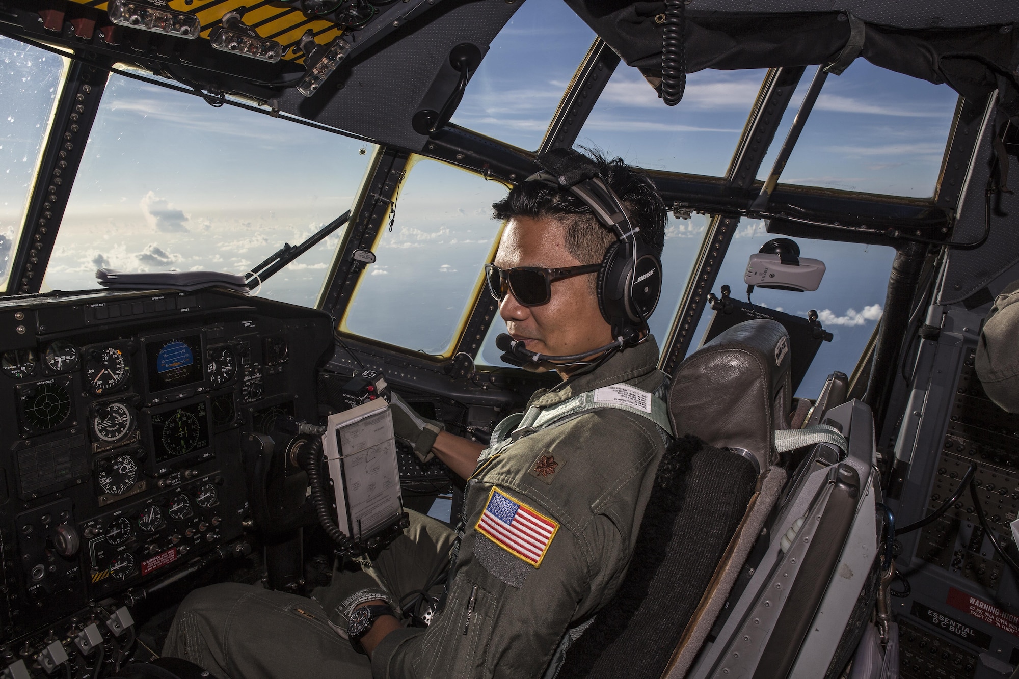Maj. Chris Ferrara, HC-130P/N "King" co-pilot, is part of  concerted rescue effort of approximately 80 wing personnel from the 920th Rescue Wing who rescued two German citizens in distress at sea July 7, 2017 and into July 8. The victim's vessel caught fire approximately 500 nautical miles off the east coast of southern Florida. At the request of the U.S. Coast Guard's Seventh District in Miami, the 920th RQW was alerted by the Air Force Rescue Coordination Center at Tyndall Air Force Base, Florida, to assist in the long-range search and rescue. Approximately 80 wing Citizen Airmen and four wing aircraft helped execute the rescue mission to include, maintenance, operations and support personnel. (U.S. Air Force photo by Master Sgt. Mark Borosch)

