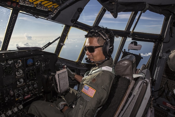 Maj. Chris Ferrara, HC-130P/N "King" co-pilot, is part of  concerted rescue effort of approximately 80 wing personnel from the 920th Rescue Wing who rescued two German citizens in distress at sea July 7, 2017 and into July 8. The victim's vessel caught fire approximately 500 nautical miles off the east coast of southern Florida. At the request of the U.S. Coast Guard's Seventh District in Miami, the 920th RQW was alerted by the Air Force Rescue Coordination Center at Tyndall Air Force Base, Florida, to assist in the long-range search and rescue. Approximately 80 wing Citizen Airmen and four wing aircraft helped execute the rescue mission to include, maintenance, operations and support personnel. (U.S. Air Force photo by Master Sgt. Mark Borosch)
