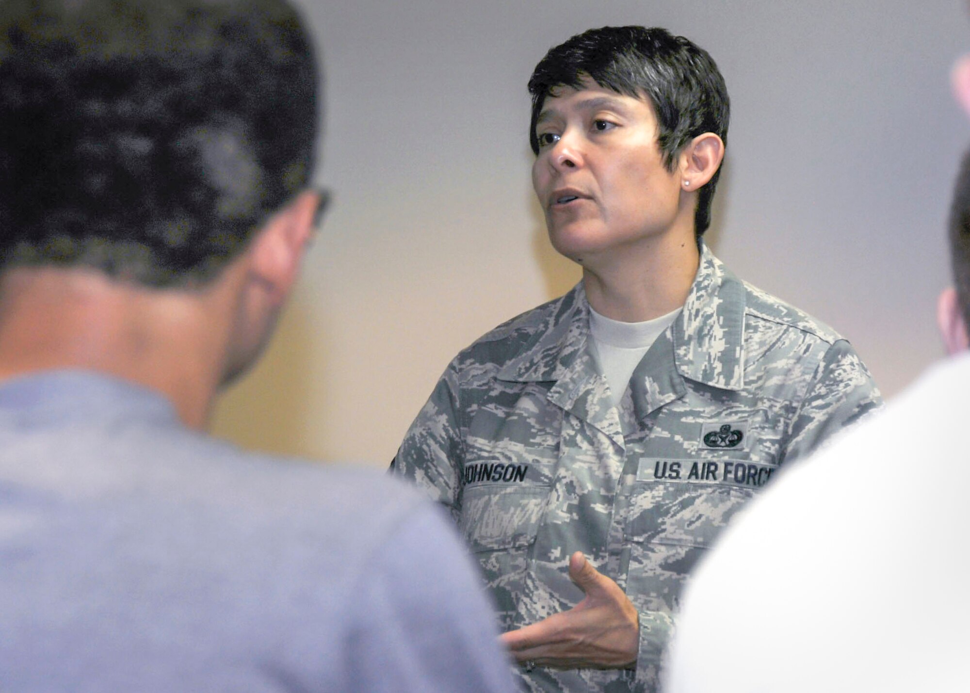 Chief Master Sgt. Imelda B. Johnson, 94th Airlift Wing command chief master sergeant, speaks to trainees in the development and training flight here June 4, 2017. Chief Johnson’s priorities are educating Airmen and assisting with conflict resolution. (U.S. Air Force photo by Airman 1st Class Justin Clayvon)