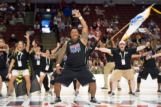 Team Army performs a Haka dance before the gold medal round of wheel chair basketball in the 2017 Department of Defense Warrior Games at the United Center in Chicago, July 7, 2017. DoD photo by EJ Hersom