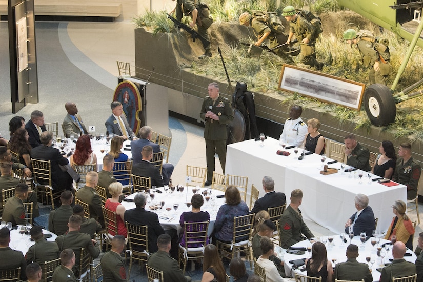 Marine Corps Gen. Joseph F. Dunford Jr., chairman of the Joint Chiefs of Staff, delivers remarks during the 100th Anniversary Mess Night of the 2nd Battalion, 6th Marine Regiment, a battalion he commanded from 1996 to 1998, at the National Marine Corps Museum in Quantica, Va., July 7, 2017. During the event, Dunford posthumously awarded the Silver Star Medal to the family of Marine Cpl. Albert Gettings, who died of wounds sustained due to enemy small-arms fire while conducting combat operations in Fallujah, Iraq in 2006. (Dept. of Defense photo by Navy Petty Officer 2nd Class Dominique A. Pineiro/Released)