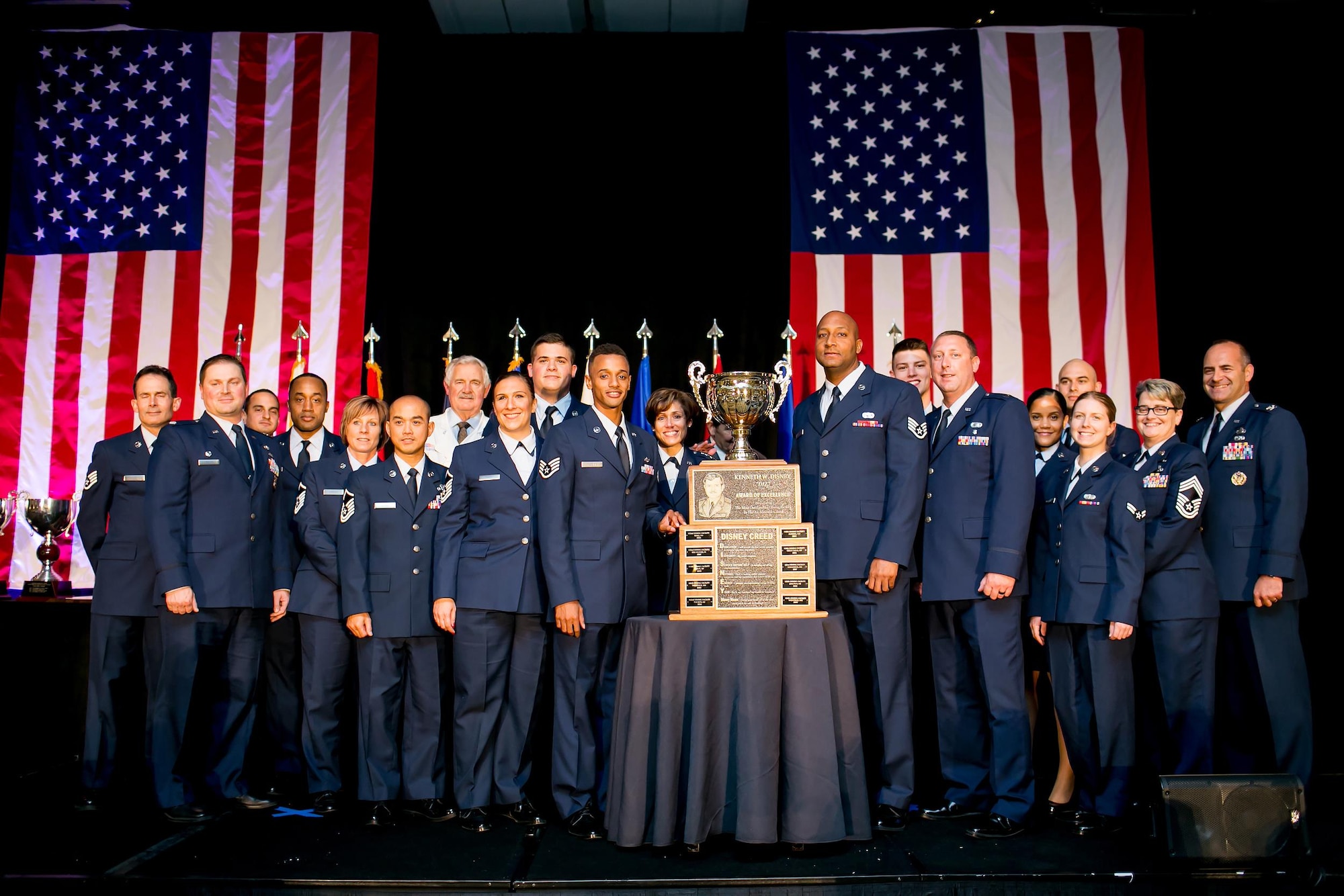 Members of the Kentucky Air National Guard’s 123rd Services Flight receive the Senior Master Sgt. Kenneth W. Disney Award of Excellence at the Military Foodservice Awards banquet in Chicago on May 19, 2017. The honor is awarded annually to the best food service operation in the Air National Guard. (Courtesy Photo)