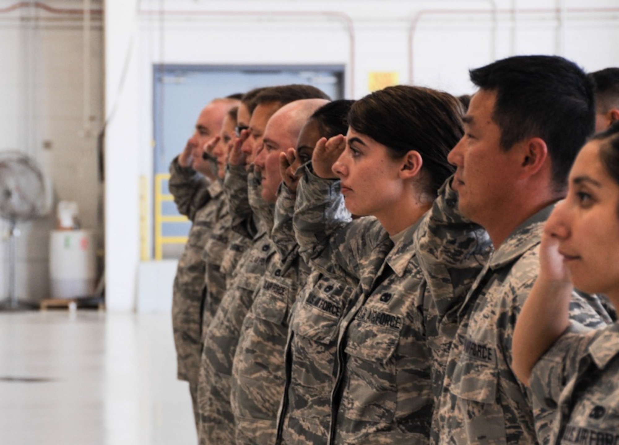 Airmen from the 442d Aircraft Maintenance Squadron salute their new commander during an assumption of command ceremony at Whiteman Air Force Base, Mo., July 8, 2017. More than 200 reserve and active duty airmen in six different specialties make up the squadron that is responsible for a fleet of 28 A-10C Thunderbolt II aircraft. (U.S. Air Force photo by Senior Airman Missy Sterling)