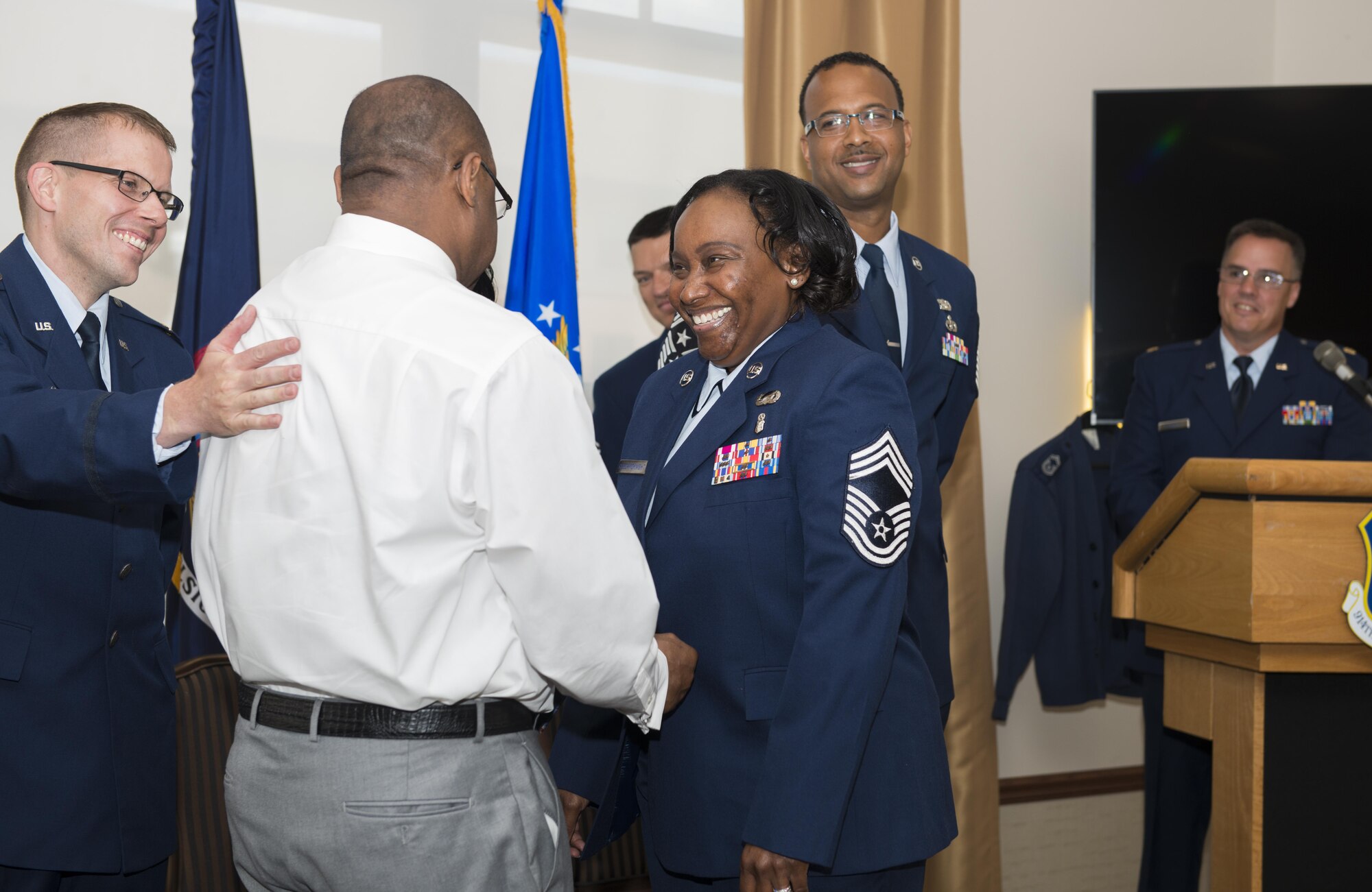 Former Senior Master Sgt. Francenia Reed-McKnight, is promoted to the rank of Chief Master Sgt. during an official ceremony, July 8, 2017, Niagara Falls Air Reserve Station, N.Y. Reed-McKnight is the first member of the Force Support Squadron to be promoted from within the squadron to the rank of Chief since its inception. (U.S. Air Force photo by Tech. Sgt. Stephanie Sawyer)