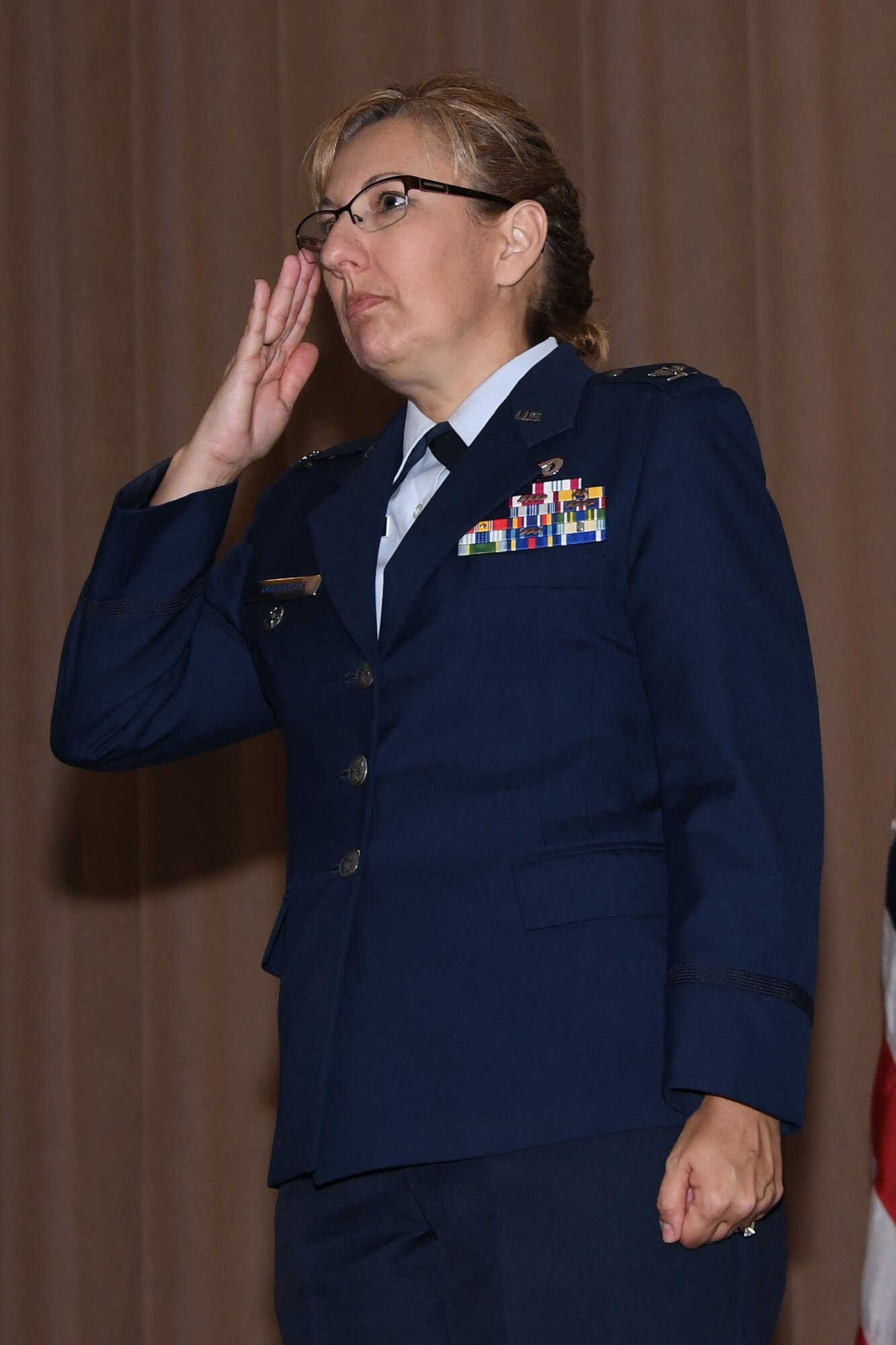 U.S. Air Force Col. Sandra Vandiviere, 307th Mission Support Group commander, returns the salute from airmen of the unit during a change of command ceremony at Barksdale Air Force Base, La., July 8, 2017. She brings a wealth of experience to the unit, having served more than 20 years in the Air Force.   Col. Vandiviere received her commission in 1993 and has served in multiple capacities in active duty and Reserve assignments. (U.S. Air Force photo by Tech. Sgt. Ted Daigle/released)