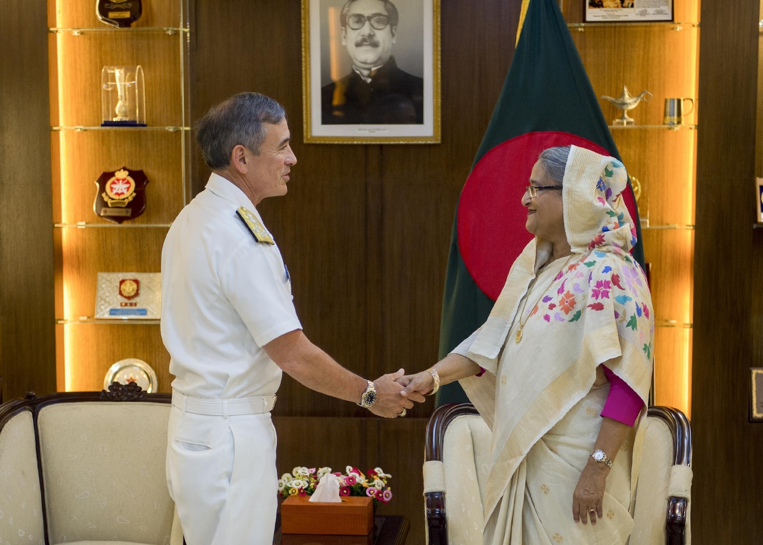 170709-N-WY954-136DHAKA, BANGLADESH (July 9, 2017) – Adm. Harry Harris, Commander U.S. Pacific Command (PACOM), meets with Prime Minister of Bangladesh Sheikh Hasina. This is Harris’ first visit to Bangladesh as PACOM commander. During the visit he met with counterparts and government officials for discussions on military cooperation and regional security initiatives in the Indo-Asia Pacific. (U.S. Navy photo by Mass Communications Specialist 2nd Class Robin W. Peak/ Released)