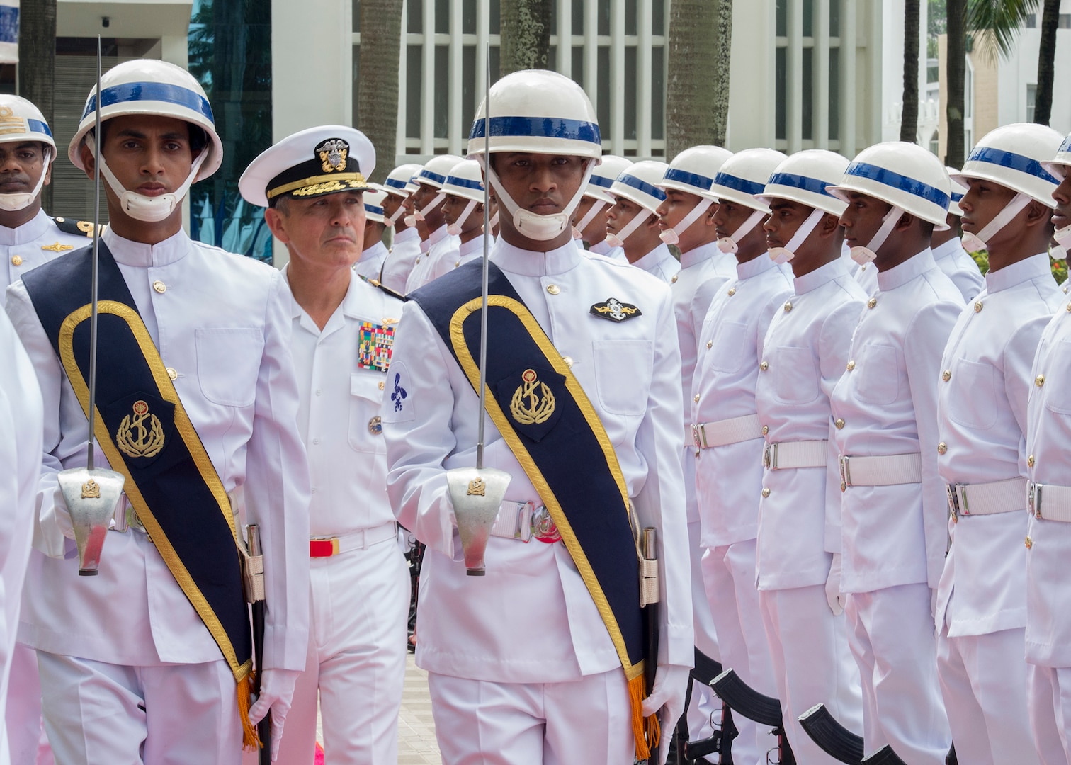 170709-N-WY954-310 DHAKA, BANGLADESH (July 9, 2017) – Adm. Harry Harris, Commander U.S. Pacific Command (PACOM), participates in an honors ceremony conducted at the Bangladesh Navy Headquarters. This is Harris’ first visit to Bangladesh as PACOM commander. During the visit he met with counterparts and government officials for discussions on military cooperation and regional security initiatives in the Indo-Asia Pacific. (U.S. Navy photo by Mass Communications Specialist 2nd Class Robin W. Peak/ Released)