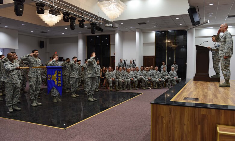 U.S. Air Force Lt. Col. Timothy Meerstein, 39th Communications Squadron outgoing commander, renders his final salute to the Airmen of the 39th CS during a change of command ceremony July 6, 2017, at Incirlik Air Base, Turkey. 39th CS Airmen attended the change of command to welcome their new commander. (U.S. Air Force photo by Senior Airman Jasmonet D. Jackson)

