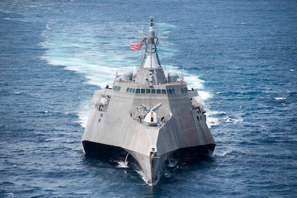 170603-N-PD309-113 GULF OF THAILAND (June 3, 2017) Littoral combat ship USS Coronado (LCS 4) steams ahead during a division tactics exercise in support of Cooperation Afloat Readiness and Training (CARAT) Thailand. CARAT is a series of Pacific Command-sponsored, U.S Pacific Fleet-led bilateral exercises held annually in South and Southeast Asia to strengthen relationships and enhance force readiness. CARAT exercise events cover a broad range of naval skill areas and disciplines including surface, undersea, air, and amphibious warfare; maritime security operations; riverine, jungle, and explosive ordnance disposal operations; combat construction; diving and salvage; search and rescue; maritime patrol and reconnaissance aviation; maritime domain awareness; military law, public affairs and military medicine; and humanitarian assistance and disaster response. (U.S. Navy photo by Mass Communication Specialist 3rd Class Deven Leigh Ellis/Released)