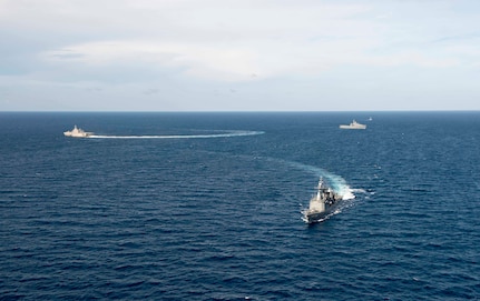 170603-N-PD309-288 GULF OF THAILAND (June 3, 2017) Littoral combat ship USS Coronado (LCS 4), left,  sails with the Royal Thai Navy as part of a division tactics exercise during Cooperation Afloat Readiness and Training (CARAT) Thailand. CARAT is a series of Pacific Command-sponsored, U.S Pacific Fleet-led bilateral exercises held annually in South and Southeast Asia to strengthen relationships and enhance force readiness. CARAT exercise events cover a broad range of naval skill areas and disciplines including surface, undersea, air, and amphibious warfare; maritime security operations; riverine, jungle, and explosive ordnance disposal operations; combat construction; diving and salvage; search and rescue; maritime patrol and reconnaissance aviation; maritime domain awareness; military law, public affairs and military medicine; and humanitarian assistance and disaster response. (U.S. Navy photo by Mass Communication Specialist 3rd Class Deven Leigh Ellis/Released)