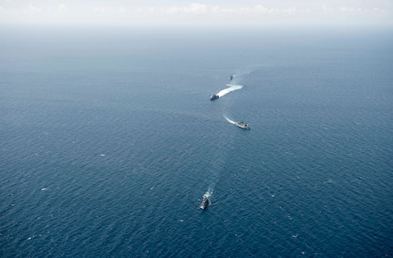 170603-N-PD309-534 GULF OF THAILAND (June 3, 2017) Littoral combat ship USS Coronado (LCS 4), second from top, sails with ships from the Royal Thai Navy as part of a division tactics exercise during Cooperation Afloat Readiness and Training (CARAT) Thailand. CARAT is a series of Pacific Command-sponsored, U.S Pacific Fleet-led bilateral exercises held annually in South and Southeast Asia to strengthen relationships and enhance force readiness. CARAT exercise events cover a broad range of naval skill areas and disciplines including surface, undersea, air, and amphibious warfare; maritime security operations; riverine, jungle, and explosive ordnance disposal operations; combat construction; diving and salvage; search and rescue; maritime patrol and reconnaissance aviation; maritime domain awareness; military law, public affairs and military medicine; and humanitarian assistance and disaster response. (U.S. Navy photo by Mass Communication Specialist 3rd Class Deven Leigh Ellis/Released)