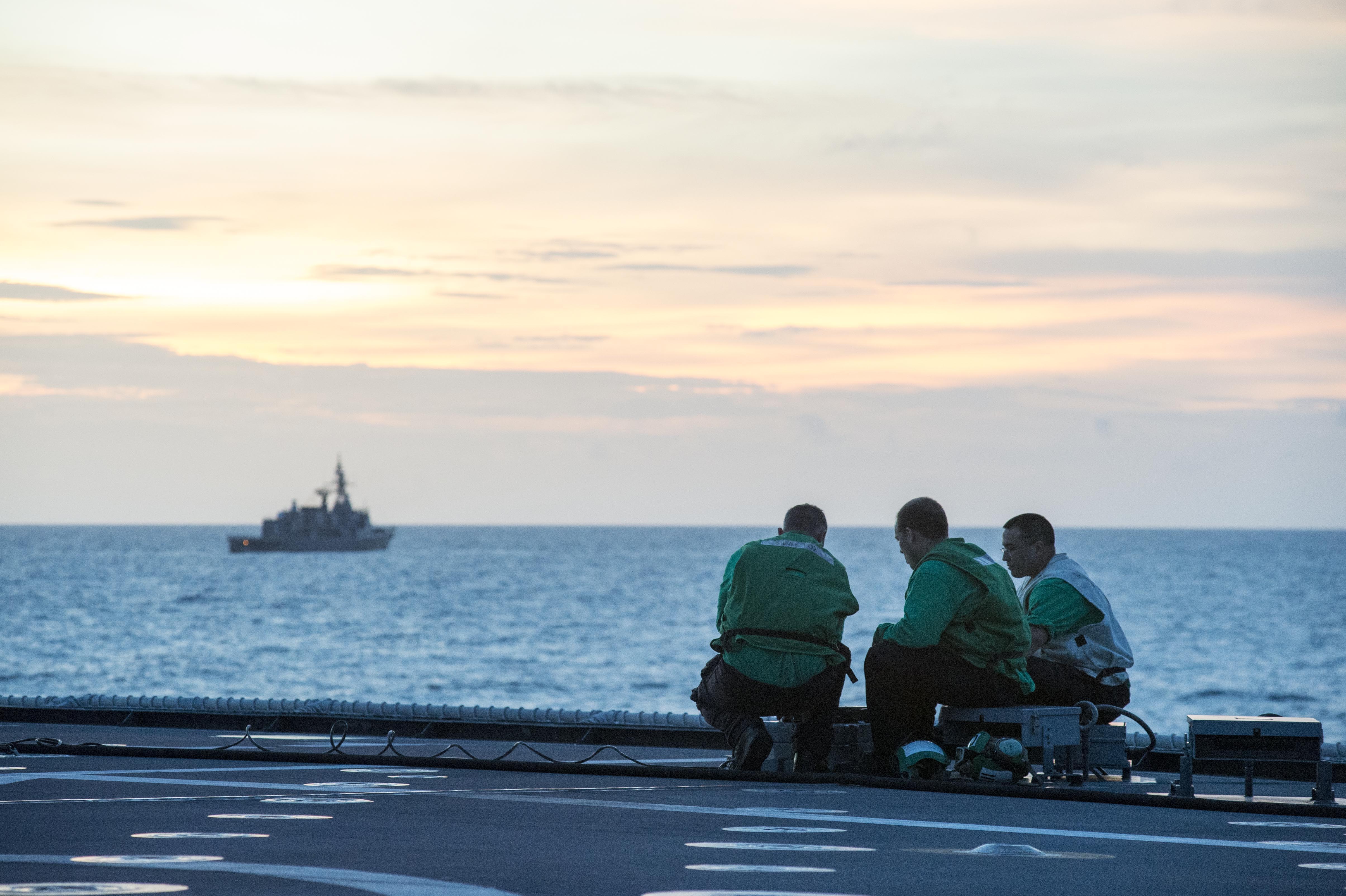 170604-N-PD309-076 GULF OF THAILAND (June 4, 2017) Sailors assigned to the "Wildcards" of Helicopter Sea Combat Squadron 23 conduct pre-flight checks on the MQ-8B Firescout unmanned aerial vehicle aboard littoral combat ship USS Coronado (LCS 4) during Cooperation Afloat Readiness and Training (CARAT) Thailand. CARAT is a series of Pacific Command-sponsored, U.S Pacific Fleet-led bilateral exercises held annually in South and Southeast Asia to strengthen relationships and enhance force readiness. CARAT exercise events cover a broad range of naval skill areas and disciplines including surface, undersea, air, and amphibious warfare; maritime security operations; riverine, jungle, and explosive ordnance disposal operations; combat construction; diving and salvage; search and rescue; maritime patrol and reconnaissance aviation; maritime domain awareness; military law, public affairs and military medicine; and humanitarian assistance and disaster response. (U.S. Navy photo by Mass Communication Specialist 3rd Class Deven Leigh Ellis/Released)