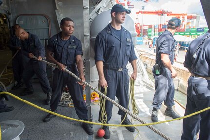 170619-N-PD309-044 CEBU, Philippines (June 19, 2017) Sailors aboard littoral combat ship USS Coronado (LCS 4) tend the lines while preparing to moor in Cebu, Philippines for Maritime Training Activity Sama Sama. Coronado is on a rotational deployment in U.S. 7th Fleet area of responsibility, patrolling the region's littorals and working hull-to-hull with partner navies to provide 7th Fleet with the flexible capabilities it needs now and in the future. (U.S. Navy photo by Mass Communication Specialist 3rd Class Deven Leigh Ellis/Released)