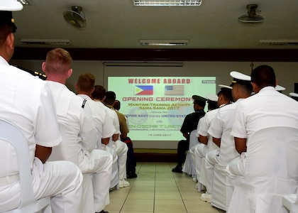 170619-N-QV906-027 CEBU, Philippines (June 19, 2017) Service members from the U.S. Navy and Marine Corps and the Armed Forces of the Philippines attend the inaugural opening ceremony for Maritime Training Activity (MTA) Sama Sama 2017 at Naval Forces Central in Cebu, Philippines, June 16.  MTA Sama Sama is a bilateral maritime exercise between U.S. and Philippine naval forces and is designed to strengthen cooperation and interoperabillty between the nations' armed forces.  (U.S. Navy photo by Mass Communication Specialist 1st Class Micah Blechner/RELEASED)