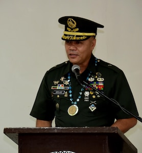 170619-N-QV906-039 CEBU, Philippines (June 19, 2017) Brig. Gen. Alan R. Arrojado, Deputy Commander,  Armed Forces of the Philippines Central Command, delivers the keynote address at the inaugural opening ceremony for Maritime Training Activity (MTA) Sama Sama 2017 in Cebu, Philippines, June 19.  MTA Sama Sama is a bilateral maritime exercise between U.S. and Philippine naval forces and is designed to strengthen cooperation and interoperabillty between the nations' armed forces.  (U.S. Navy photo by Mass Communication Specialist 1st Class Micah Blechner/RELEASED)