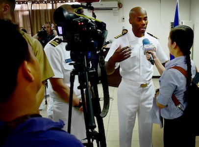 170619-N-QV906-099 CEBU, Philippines (June , 2017) Commodore, Destroyer Squadron 7 Capt. Lex Walker (center) answers questions during a media availability for the inaugural opening ceremony of Maritime Training Activity (MTA) Sama Sama 2017 at Naval Forces Central in Cebu, Philippines, June 16.  MTA Sama Sama is a bilateral maritime exercise between U.S. and Philippine naval forces and is designed to strengthen cooperation and interoperabillty between the nations' armed forces.  (U.S. Navy photo by Mass Communication Specialist 1st Class Micah Blechner/RELEASED)