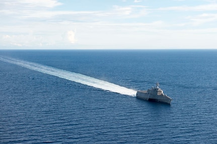 170622-N-PD309-068 BOHOL SEA (June 22, 2017) Littoral combat ship USS Coronado (LCS 4) transits the Bohol Sea during an exercise with the Philippine Navy  for Maritime Training Activity (MTA) Sama Sama 2017. MTA Sama Sama is a bilateral maritime exercise between U.S. and Philippine naval forces and is designed to strengthen cooperation and interoperability between the nations' armed forces.  (U.S. Navy photo by Mass Communication Specialist 3rd Class Deven Leigh Ellis/Released)