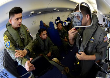 170622-N-QV906-362 CEBU, Philippines (June 22, 2017) Naval Aircrewman Operator 2nd Class Pedro Gonzalez of Combat Air Crew 4 attached to Patrol Squadron 26 (VP-26) demonstrates the emergency oxygen system aboard a P-8 Poseidon aircraft during a demonstration flight for Maritime Training Activity (MTA) Sama Sama 2017, June 22.  MTA Sama Sama is a bilateral maritime exercise between U.S. and Philippine naval forces and is designed to strengthen cooperation and interoperability between the nations' armed forces.  (U.S. Navy photo by Mass Communication Specialist 1st Class Micah Blechner/RELEASED)