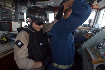 170623-N-PD309-203 BOHOL SEA (June 23, 2017) Lt. Jonathan Godbolt, assigned to the visit, board, search and seizure (VBSS) team aboard littoral combat ship USS Coronado (LCS 4), searches a member of Philippine Navy ship BRP BATAK (LC 299) during a VBSS exercise for Maritime Training Activity (MTA) Sama Sama 2017. MTA Sama Sama is a bilateral maritime exercise between U.S. and Philippine naval forces and is designed to strengthen cooperation and interoperability between the nations' armed forces.  (U.S. Navy photo by Mass Communication Specialist 3rd Class Deven Leigh Ellis/Released)