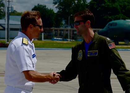 170623-N-QV906-008 CEBU, Philippines (June 23, 2017) Rear Adm. Don Gabrielson, Commander, Logistics Group Western Pacific, greets Lt. Carson Burton, Mission Commander of Combat Air Crew 4 attached to Patrol Squadron 26 (VP-26), during Maritime Training Activity (MTA) Sama Sama 2017 in Cebu, Philippines, June 23. MTA Sama Sama is a bilateral maritime exercise between U.S. and Philippine naval forces and is designed to strengthen cooperation and interoperability between the nations' armed forces.  (U.S. Navy photo by Mass Communication Specialist 1st Class Micah Blechner/RELEASED)