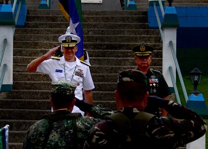 170623-N-QV906-249 CAMP LAPU-LAPU, Philippines (June 23, 2017) Rear Adm. Don Gabrielson, Commander, Logistics Group Western Pacific, salutes assembled Armed Forces of the Philippines servicemembers during Maritime Training Activity (MTA) Sama Sama 2017 at Camp Lapu-Lapu, Philippines, June 23.  MTA Sama Sama is a bilateral maritime exercise between U.S. and Philippine naval forces and is designed to strengthen cooperation and interoperability between the nations' armed forces.  (U.S. Navy photo by Mass Communication Specialist 1st Class Micah Blechner/RELEASED)