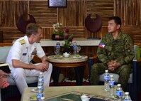 170623-N-QV906-310 CAMP LAPU-LAPU, Philippines (June 23, 2017) Rear Adm. Don Gabrielson, Commander, Logistics Group Western Pacific, and Maj. Gen. Oscar Lactao, Commander, Armed Forces of the Philippines Central Command, discuss future bilateral training opportunities during Maritime Training Activity (MTA) Sama Sama 2017 at Camp Lapu-Lapu, Philippines, June 23.  MTA Sama Sama is a bilateral maritime exercise between U.S. and Philippine naval forces and is designed to strengthen cooperation and interoperability between the nations' armed forces.  (U.S. Navy photo by Mass Communication Specialist 1st Class Micah Blechner/RELEASED)