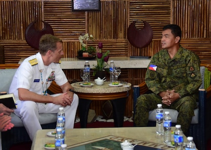 170623-N-QV906-310 CAMP LAPU-LAPU, Philippines (June 23, 2017) Rear Adm. Don Gabrielson, Commander, Logistics Group Western Pacific, and Maj. Gen. Oscar Lactao, Commander, Armed Forces of the Philippines Central Command, discuss future bilateral training opportunities during Maritime Training Activity (MTA) Sama Sama 2017 at Camp Lapu-Lapu, Philippines, June 23.  MTA Sama Sama is a bilateral maritime exercise between U.S. and Philippine naval forces and is designed to strengthen cooperation and interoperability between the nations' armed forces.  (U.S. Navy photo by Mass Communication Specialist 1st Class Micah Blechner/RELEASED)