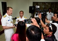 170624-N-QV906-092 CEBU, Philippines (June 24, 2017) Rear Adm. Don Gabrielson (left), Commander, Task Force 73, and Commodore Loumer Bernabe (right), Commander, Armed Forces of the Philippines Naval Forces Central Command, answer reporter's questions after the closing ceremony for Maritime Training Activity (MTA) Sama Sama 2017 in Cebu, Philippines, June 24.  MTA Sama Sama is a bilateral maritime exercise between U.S. and Philippine naval forces and is designed to strengthen cooperation and interoperability between the nations' armed forces.  (U.S. Navy photo by Mass Communication Specialist 1st Class Micah Blechner/RELEASED)