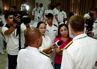 170624-N-QV906-121 CEBU, Philippines (June 24, 2017) Rear Adm. Don Gabrielson (right), Commander, Task Force 73, and Commodore Loumer Bernabe (left), Commander, Armed Forces of the Philippines Naval Forces Central Command, answer reporters questions after the closing ceremony for Maritime Training Activity (MTA) Sama Sama 2017 in Cebu, Philippines, June 24.  MTA Sama Sama is a bilateral maritime exercise between U.S. and Philippine naval forces and is designed to strengthen cooperation and interoperability between the nations' armed forces.  (U.S. Navy photo by Mass Communication Specialist 1st Class Micah Blechner/RELEASED)