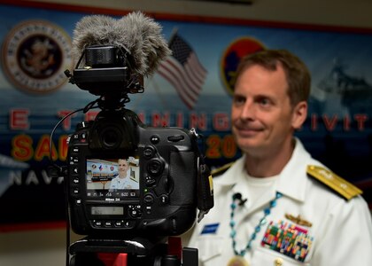 170624-N-QV906-148 CEBU, Philippines (June 24, 2017) Rear Adm. Don Gabrielson, Commander, Task Force 73, answers a reporter's questions after the closing ceremony for Maritime Training Activity (MTA) Sama Sama 2017 in Cebu, Philippines, June 24.  MTA Sama Sama is a bilateral maritime exercise between U.S. and Philippine naval forces and is designed to strengthen cooperation and interoperability between the nations' armed forces.  (U.S. Navy photo by Mass Communication Specialist 1st Class Micah Blechner/RELEASED)