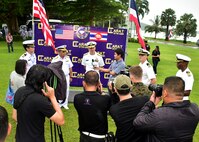 170529-N-QV906-137 SATTAHIP NAVAL BASE, Thailand (May 29, 2017) - Rear Adm. Don Gabrielson, Commander, Task Force 73, and Rear Adm. Somnuk Preampramot, Deputy Chief of Staff, Royal Thai Fleet, participate in a media availability after the opening ceremony for Cooperation Afloat Readiness and Training Thailand 2017 on Sattahip Naval Base, Thailand, May 29.  Cooperation Afloat Readiness and Training (CARAT) is a series of PACOM sponsored, U.S. Pacific Fleet led bilateral exercises held annually in South and Southeast Asia to strengthen relationships and enhance force readiness. CARAT exercise events cover a broad range of naval skill areas and disciplines including surface, undersea, air and amphibious warfare; maritime security operations; riverine, jungle and explosive ordnance disposal operations; combat construction; diving and salvage; search and rescue; maritime patrol and reconnaissance aviation; maritime domain awareness; military law, public affairs and military medicine; and humanitarian assistance, disaster response. (U.S. Navy photo by Mass Communication Specialist 1st Class Micah Blechner/RELEASED)