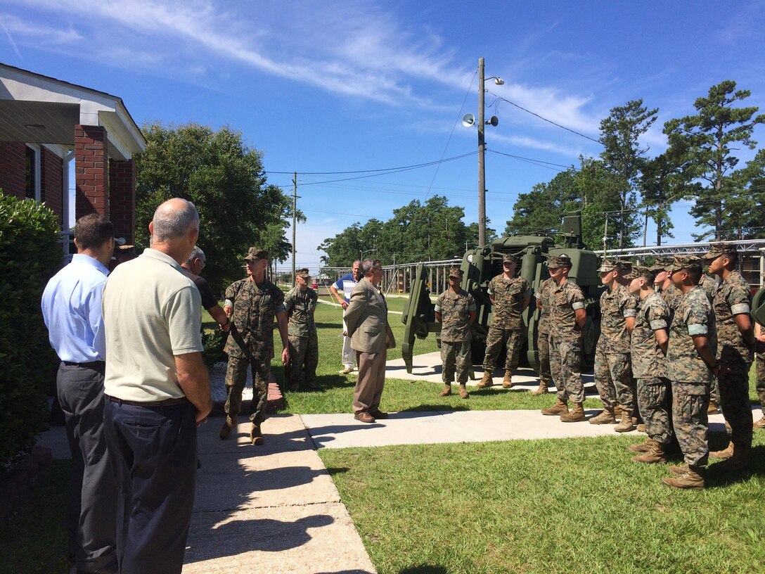 On June 29, 2017 Marine Corps Engineer School held a dedication ceremony for the TD-18 bulldozer. The process to request approval and funding to restore the TD-18 started in 2002 and was executed by the skilled technicians at 2d Maintenance Battalion. The ceremony marked the completion of thousands of man-hours of labor to restore and deliver the TD-18 to Courthouse Bay. Colonel (ret) James A. Marapoti, a former Commanding Officer for Marine Corps Engineer School; delivers remarks about the TD-18.

