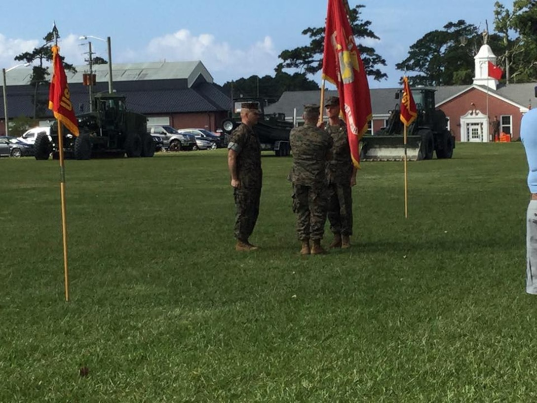 On June 30, 2017 the Marines of Marine Corps Engineer School participated in a Change of Command ceremony where Lieutenant Colonel Greg Marchlinski relinquished command to Colonel James H. Bain. The passing of the school colors signifies the transfer of Command, which entails the transfer of total accountability, authority, and responsibility from one commander to another.   