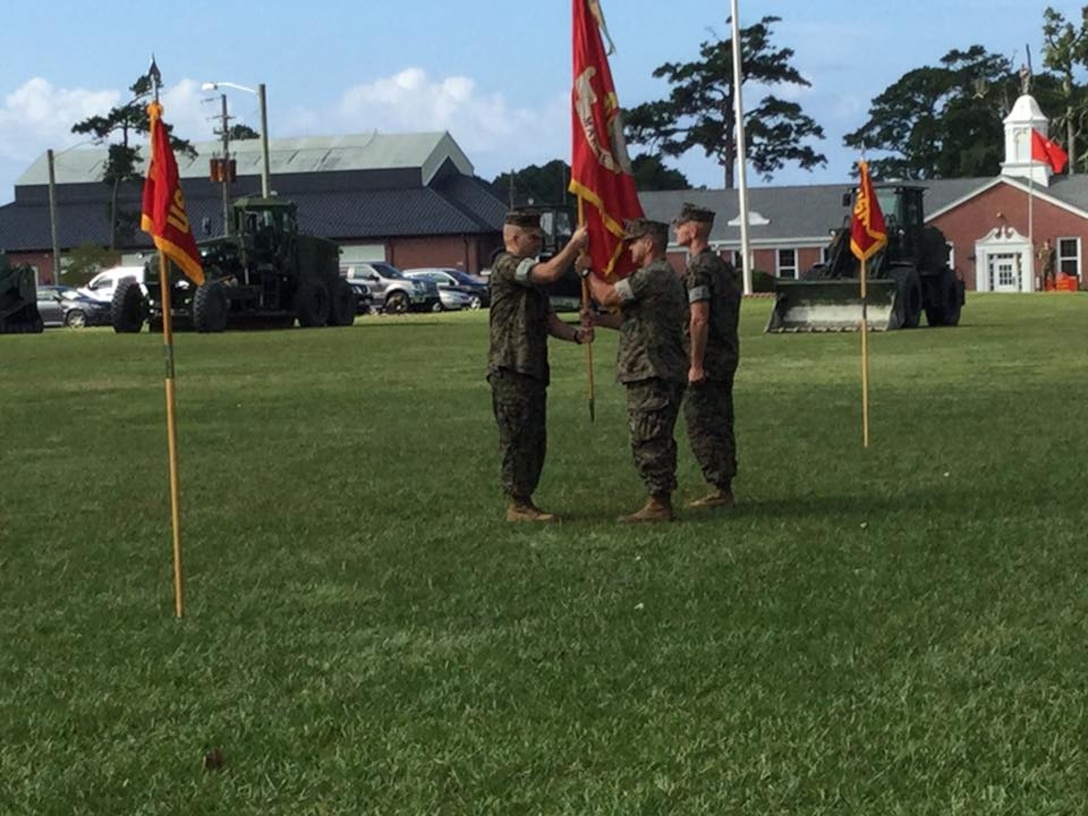 On June 30, 2017 the Marines of Marine Corps Engineer School participated in a Change of Command ceremony where Lieutenant Colonel Greg Marchlinski relinquished command to Colonel James H. Bain. Colonel Bain returns the school colors to Sergeant Major James E. Haney. 
