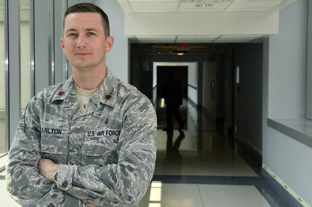 Maj. S. Brint Carlton, an Air Force Reserve individual mobilization augmentee assigned to the Pentagon, serves as the county judge for Orange County, Texas, in civilian life. Air Force photo by Wayne A. Clark