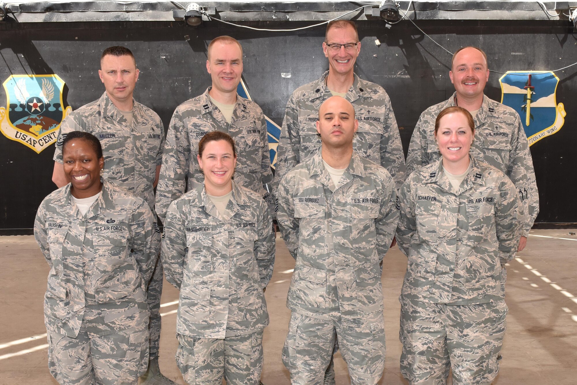 Members of the 380th Air Expeditionary Wing CARE Team pose for a photo at an undisclosed location in southwest Asia, June 28, 2017. The CARE Team is comprised of the chapel, equal opportunity, sexual assault response coordinator and mental health. These four agencies work together where their duties may overlap to ensure that deployed Airmen receive the care they need to support their mental and spiritual wellness. (U.S. Air Force photo by Staff Sgt. Marjorie A. Bowlden)