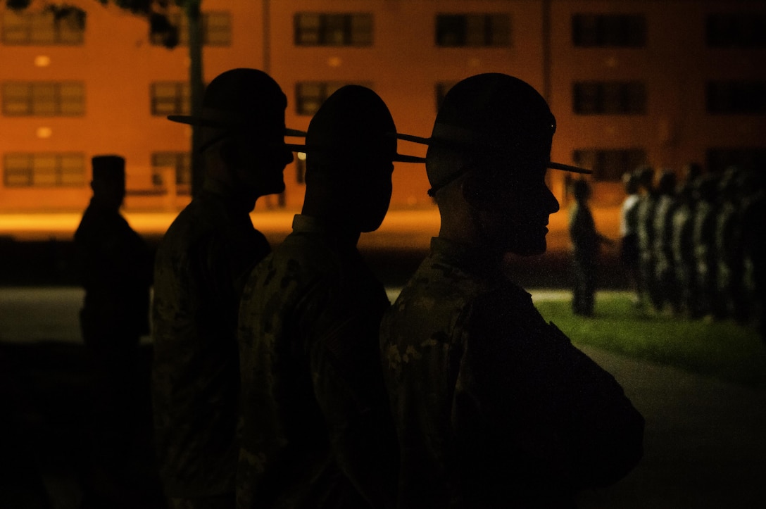 U.S. Army Reserve drill sergeants observe apprehensive and disoriented Reserve Officers’ Training Corps cadets experiencing their initial immersion into military order and discipline – also known as “Shark Week” – after a 4 a.m. wake-up call on their first day of Basic Camp at Fort Knox, Kentucky, June 4, 2017. Task Force Wolf utilizes Army Reserve drill sergeants and training experts to develop future commissioned officers, with many of them choosing to serve in the Army Reserve.  [U.S. Army photo by Army Capt. Loyal Auterson, U.S. Army Reserve Command-Public Affairs Office // RELEASED //]