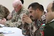 Col. Brent Johnson (left), Staff Judge Advocate for the 29th Infantry Division and Task Force Spartan, participates in a symposium on operational law and military justice with military judges from the Jordan Armed Forces- Arab Army April 25, 2017, near Amman, Jordan. The four-day symposium included U.S. Army and U.S. Air Force legal professionals from the U.S. Central Command and military judges from the Jordan Armed Forces- Arab Army. (U.S. Army National Guard photo by Master Sgt. A.J. Coyne)