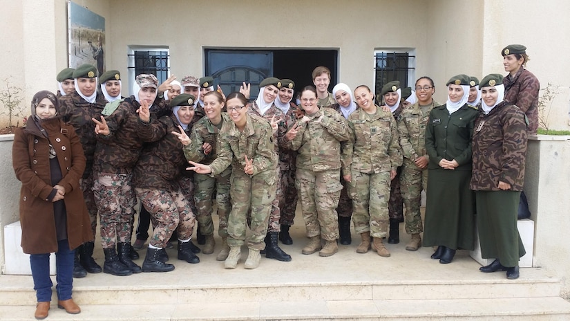 Female Maryland and Virginia National Guard Soldiers from the 29th Infantry Division pose with female soldiers from the Jordan Armed Forces- Arab Army Female Company For Special Security Tasks during an engagement Jan. 17, 2017, near Amman, Jordan. While in Jordan from September 2016- July 2017, Soldiers of Task Force 29 planned and coordinated multiple engagements with JAF female soldiers, providing both U.S. and Jordanian military women the opportunity to exchange information and best practices on leadership, communications skills and various women's empowerment topics. (Courtesy photo)