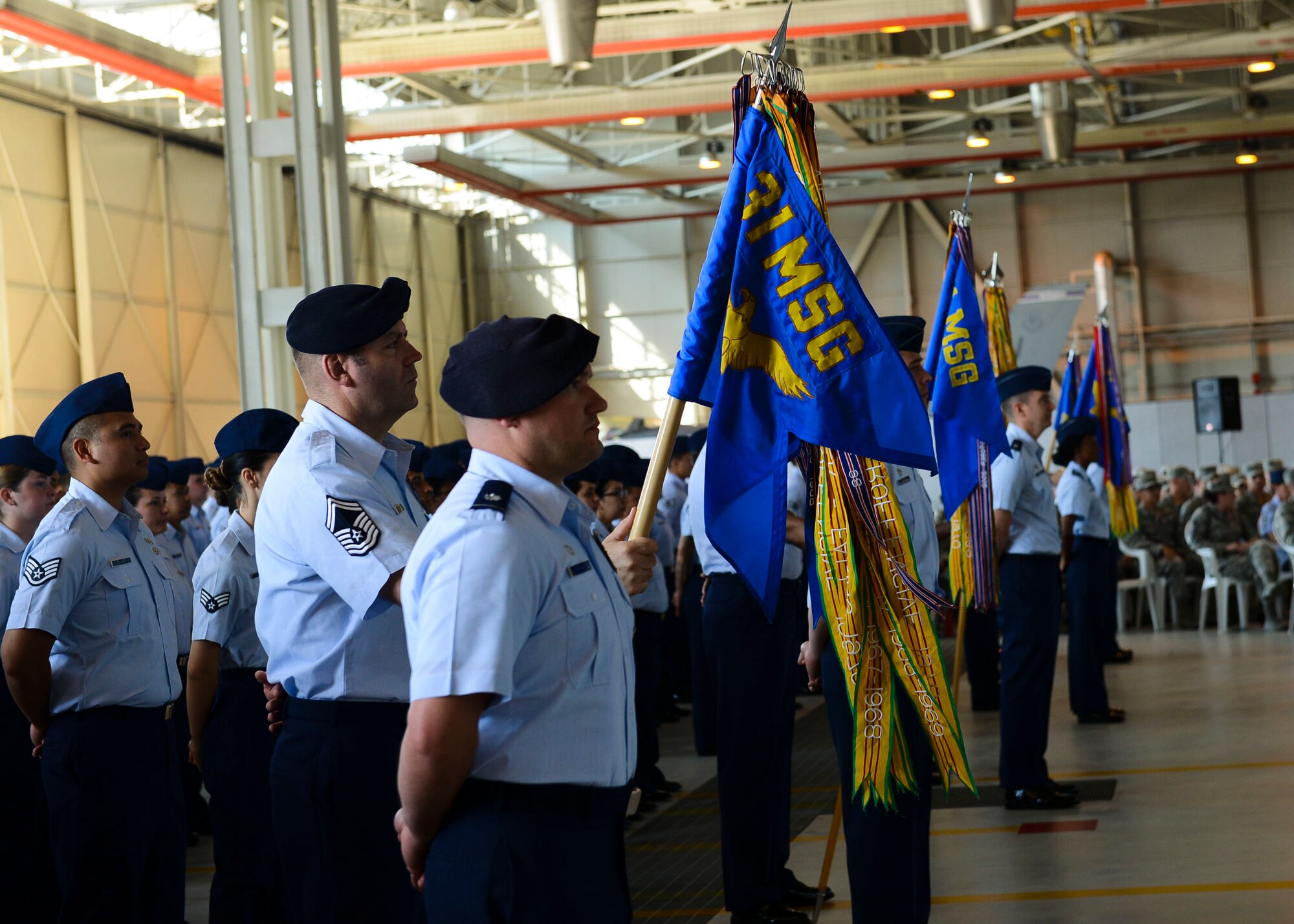 Col. Jeffrey York takes command of the 31st Mission Support Group from Col. Jenise Carroll during a change of command ceremony, July 7, 2017, at Aviano Air Base, Italy. Brig. Gen. Lance Landrum, 31st Fighter Wing commander, presided over the event. (U.S. Air Force photo by Staff Sgt. Austin Harvill)