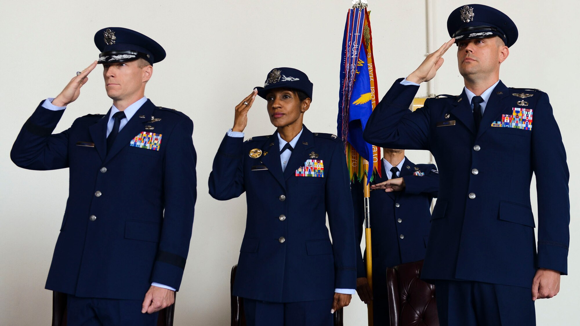 Col. Jeffrey York takes command of the 31st Mission Support Group from Col. Jenise Carroll during a change of command ceremony, July 7, 2017, at Aviano Air Base, Italy. Brig. Gen. Lance Landrum, 31st Fighter Wing commander, presided over the event. (U.S. Air Force photo by Staff Sgt. Austin Harvill)