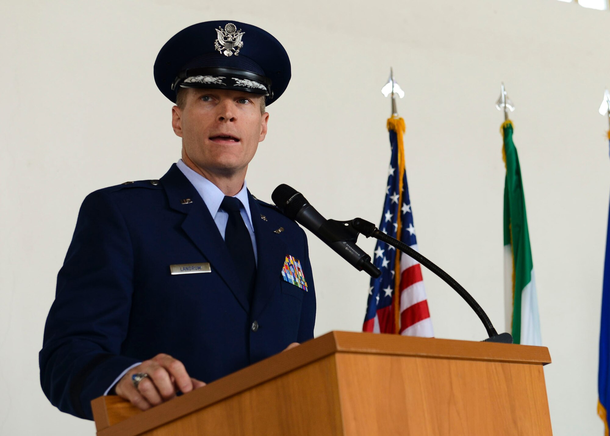 Col. Jeffrey York takes command of the 31st Mission Support Group from Col. Jenise Carroll during a change of command ceremony, July 7, 2017, at Aviano Air Base, Italy. Brig. Gen. Lance Landrum, 31st Fighter Wing commander, presided over the event. (U.S. Air Force photo by Staff Sgt. Austin Harvill)