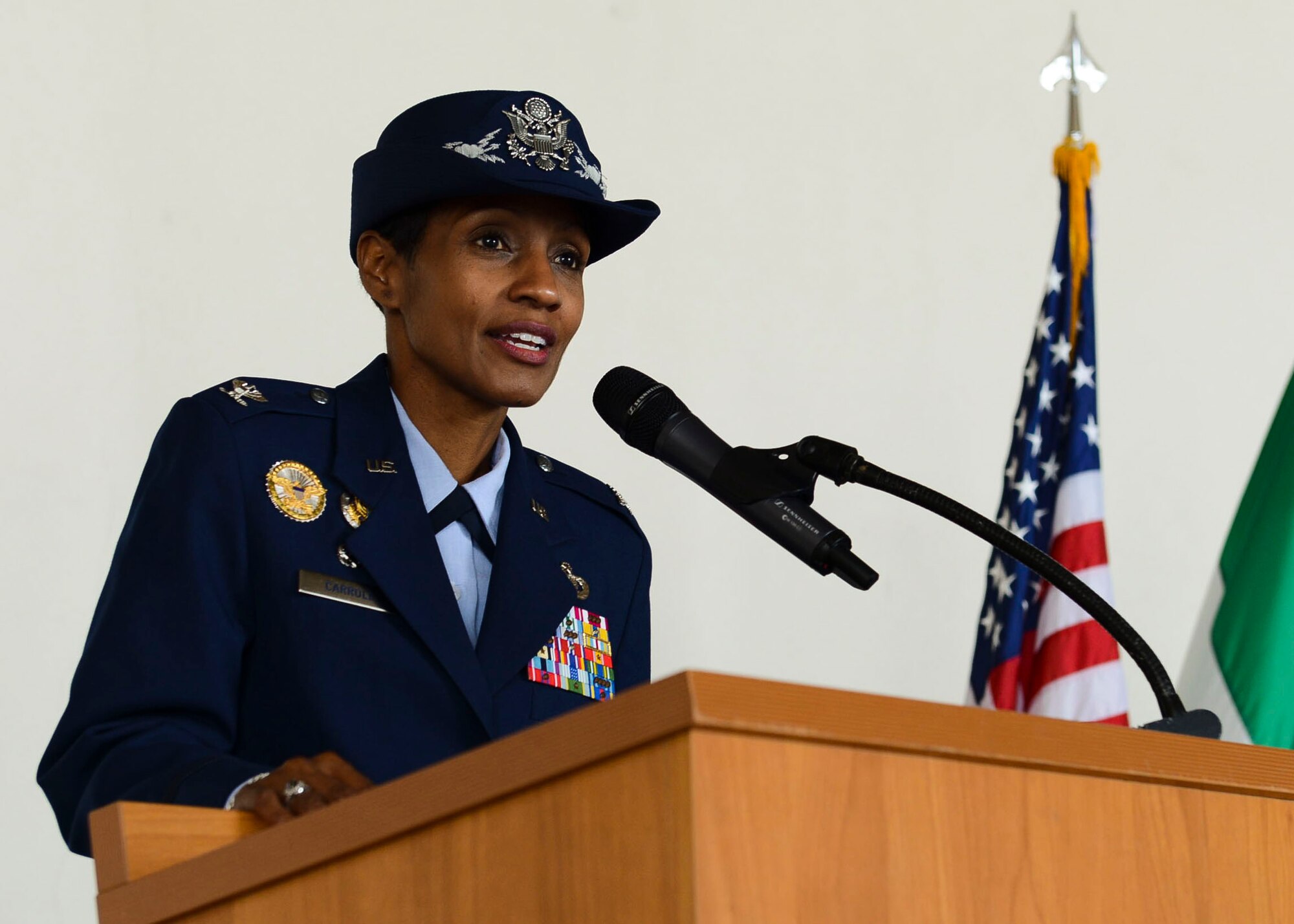 Col. Jeffrey York takes command of the 31st Mission Support Group from Col. Jenise Carroll during a change of command ceremony, July 7, 2017, at Aviano Air Base, Italy. Brig. Gen. Lance Landrum, 31st Fighter Wing commander, presided over the event. (U.S. Air Force photo by Staff Sgt. Austin Harvill)