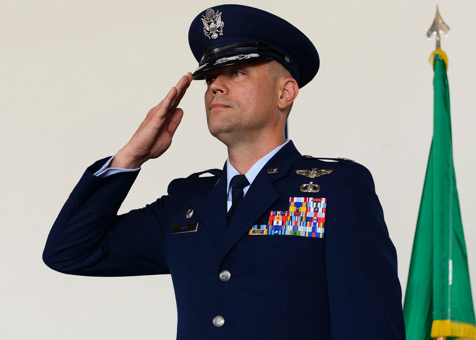 Col. Jeffrey York takes command of the 31st Mission Support Group from Col. Jenise Carroll during a change of command ceremony, July 7, 2017, at Aviano Air Base, Italy. Brig. Gen. Lance Landrum, 31st Fighter Wing commander, presided over the event. (U.S. Air Force photo by Staff Sgt. Austin Harvill)